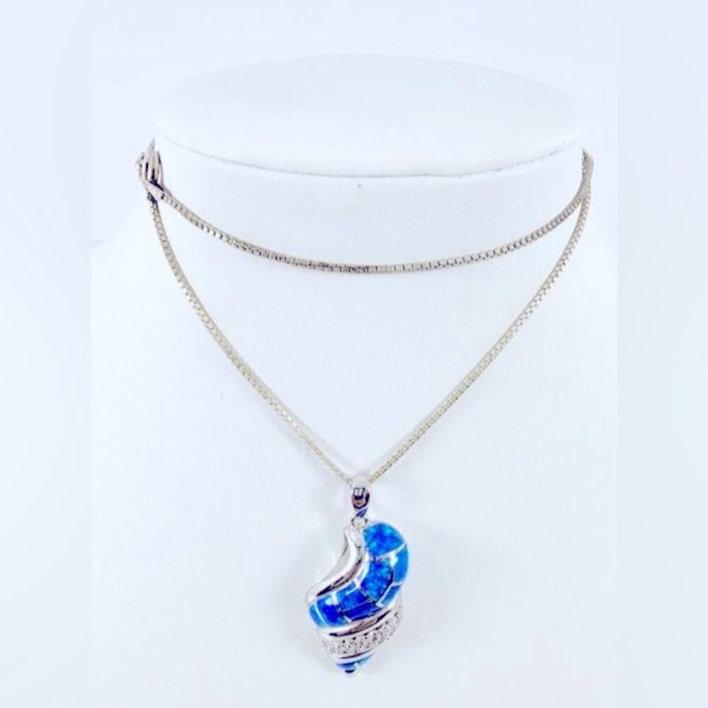 Sterling Silver BLUE OPAL horse conch pendant, Rhodium plated CZ, 18” 925 chain